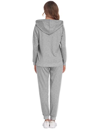 Parabler Jogginganzug Set Damen Trainingsanzug Freizeitanzug Zweiteiler Yoga Sport Jacke&Hose mit Kapuze Tasche Grau L