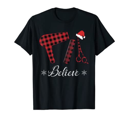 Peluquero Believe Buffalo Plaid Tools Navidad Camiseta