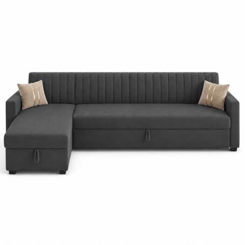 Image of CASASTYLE Kyagar 6 Person Seating LHS L Shape Sofa with Pull Out Bed & Storage Lounger | Premium Soft Velvet Suede Fabric | Comfort Cushions | Ideal for Living Room, Hotel & Office (Dark Grey)