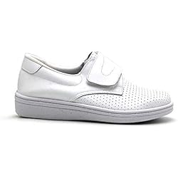Zapatos De Trabajo Mujer Blancos Zuecos Sanitarios Anatomicos en Piel, Percla mod.18793 . Calzado Made in Spain, Garantia de Calidad. (39, Blanco)
