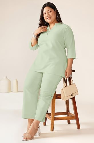 Image of Janasya Women's Light Blue Linen Cotton Solid A-line Top