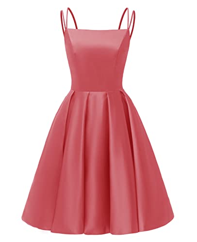 Image of Tianzhihe Satin Homecoming Dresses for Teens 2026 Spaghetti Straps A-line Square Neck Short Cocktail Party Dress with Pockets
