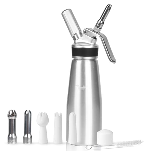 Comparison: Best Whipped Cream Dispensers 9 NATUREKIT Homemade Whipped Cream Dispenser,Large 500ml / 1 Pint Capacity Cream Whip Canister with 6 Decorating Nozzles and Cleaning Brush,Leak Free Whipped Cream Maker for Desserts, Dips, Sauces
