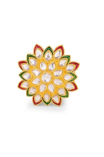 Image of Rajasthani Gold Plated Adjustable Finger Ring for Women & Girls | American Diamond Embellished Flower Design Statement Ring | Contemporary Jewelry Gift