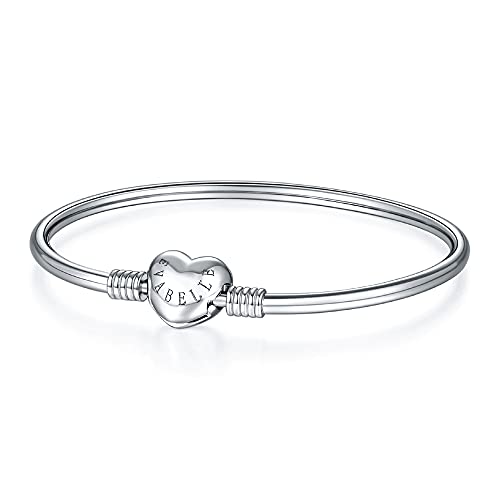 Evabelle Charm Bracelet Fit Pandora Charms 925 Sterling Silver Plated 18K White Gold For Women Girls, Signature Bracelet With Sparkling Heart Clasp Charm (Bangle Bracelet, 6.5In/16.5Cm) #TOP30