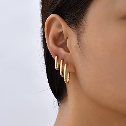 Sloong 3pairs Hoop Earrings Set 14K Gold Plated Lightweight Hypoallergenic Chunky Square Star Heart Twist Hoop Earrings Gold Rectangle Earring for Women Gift3