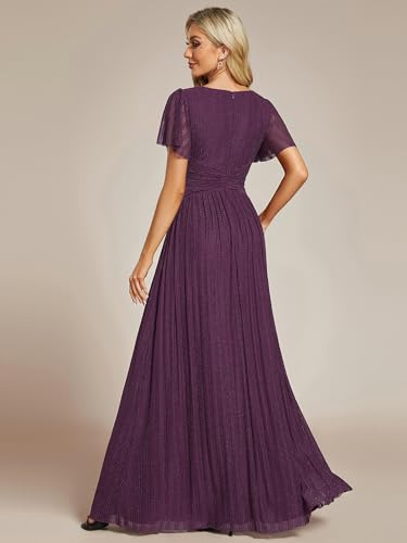 Image of Ever-Pretty Women's V-Neck Glitter Formal Dresses Pleated Short Sleeves Floor Length A-Line Mother of Bride Dress 11961