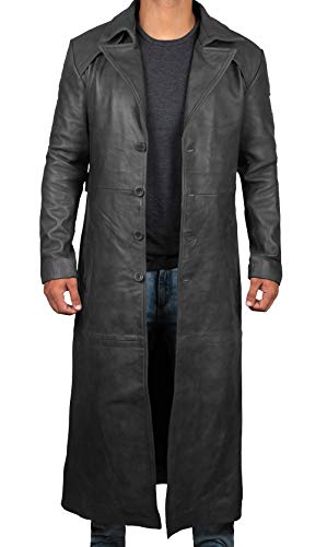 Brown Winter Trench Coat Men - Distressed Black Real Leather Long Overcoat
