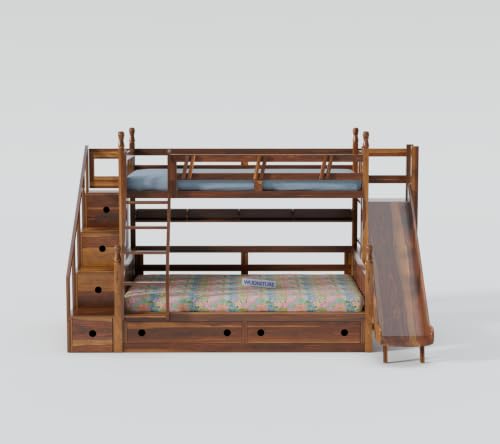 Image of Wudniture Solid Sheesham Wood Bunk Bed with Slide and Storage for Kids and Adults (Teak Finish)