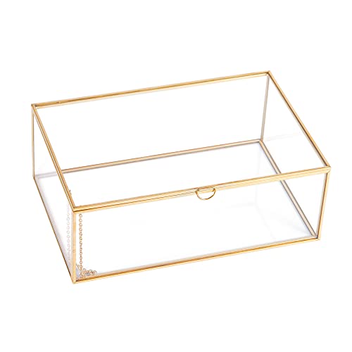 Hcenjoc Golden Vintage Clear Glass Lidded Box Edge Bracelet Keepsake Decorative Jewelry Display Home Decor (10.8X7X4 ​In) #TOP6