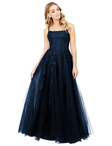 Lace Beaded Appliques Double Spaghetti Straps Prom Dresses Long Formal Prom Dress