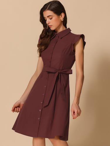 Image of Allegra K Women's Ruffled Sleeve Casual Office Dress Tie Waist Button Down Cotton Shirt Dresses