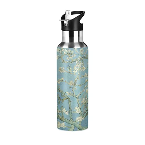 Mnsruu Botella de agua de 20 onzas con pajilla, diseño de árbol de almendros Van Gogh, botella de agua de acero inoxidable para viajes, deportes, botella de agua aislada a prueba de fugas