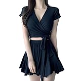 [Ｋａｙｉｙａｓｕ] 水着 レディース ビキニ 体型カバー タンキニ 2点セット Vネック セパレート パッド付き 半袖 スカート 可愛い 水陸両用 温泉水着 リゾート ビーチ 海 プール (JP, アルファベット, M, ブラック)