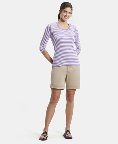 Image of Jockey 1360 Women's Super Combed Cotton Elastane Stretch Slim Fit Striped Round Neck Three Quarter Sleeve T-Shirt