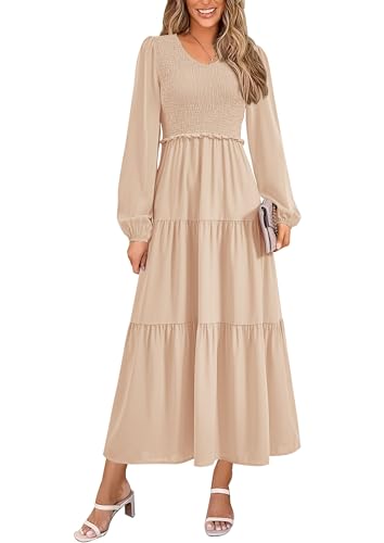 Image of PRETTYGARDEN Fall Dresses for Women 2025 Casual Long Sleeve V Neck Smocked A Line Long Flowy Wedding Guest Dress (Apricot,X-Large)