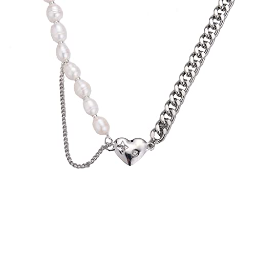 STRPAN89 Love Heart Pendant Pearl Chain Necklace for WomenΓ―ΒΌΕRetro Half Pearl Half Chain Trendy Necklace for Girls GiftΓ―ΒΌΕWhite Gold Plated (heart) STRPAN89 Love Heart Pendant Pearl Chain Necklace for WomenΓ―ΒΌΕRetro Half Pearl Half Chain Trendy Necklace for Girls GiftΓ―ΒΌΕWhite Gold Plated (heart)