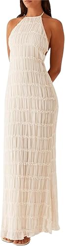 Image of Women Halter Ruched Maxi Dress Backless Sleeveless Long Dress Bodycon See Througn Pleated Sundress Beachwear