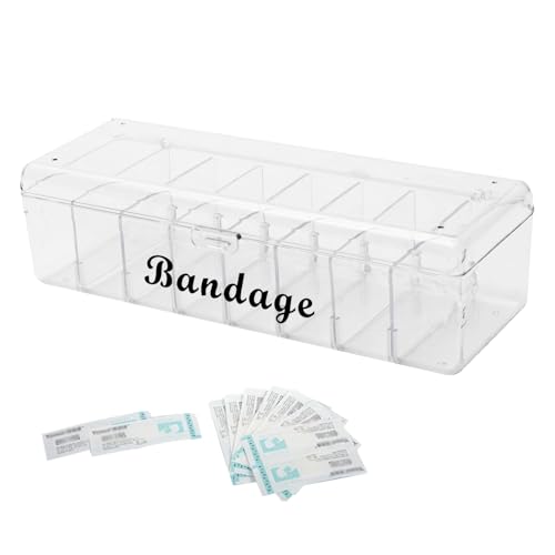 Lolytama Bandaid Organizer Holder 8 Compartments Medicine Storage Box with Flip Cover Multiple Compartments Band Aid Organizer Bandaid Box for Elastic Bandage Wrap Cotton Swabs(Clear)