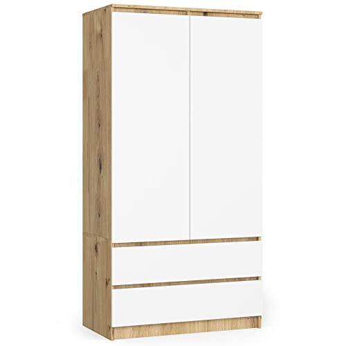 AKORD Armoire 2 Portes | Armoir Chambre 2 Tiroirs avec Etagères et Une Tringle | 90x180x51 cm| Armoire sans Penderie Chambre | Dressing Rangement Placard |...