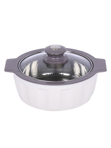 Image of JAYPEE Glamerole Inner Stainless Steel Serving Casserole | Toughened Glass Lid PUF Insulated Hot Pot Hot Box for pulao Roti Box Small Casserole| Food Grade | 800 ml, White