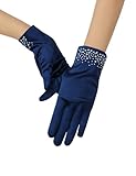 Fabric: Made of breathable, skin-friendly, comfortable Stretchy satin fabric and decorated with glitter rhinestone on the wrist, which is elegance Size: This is women short satin glove with glitter rhinestone on the wrist. The material is very elasti...