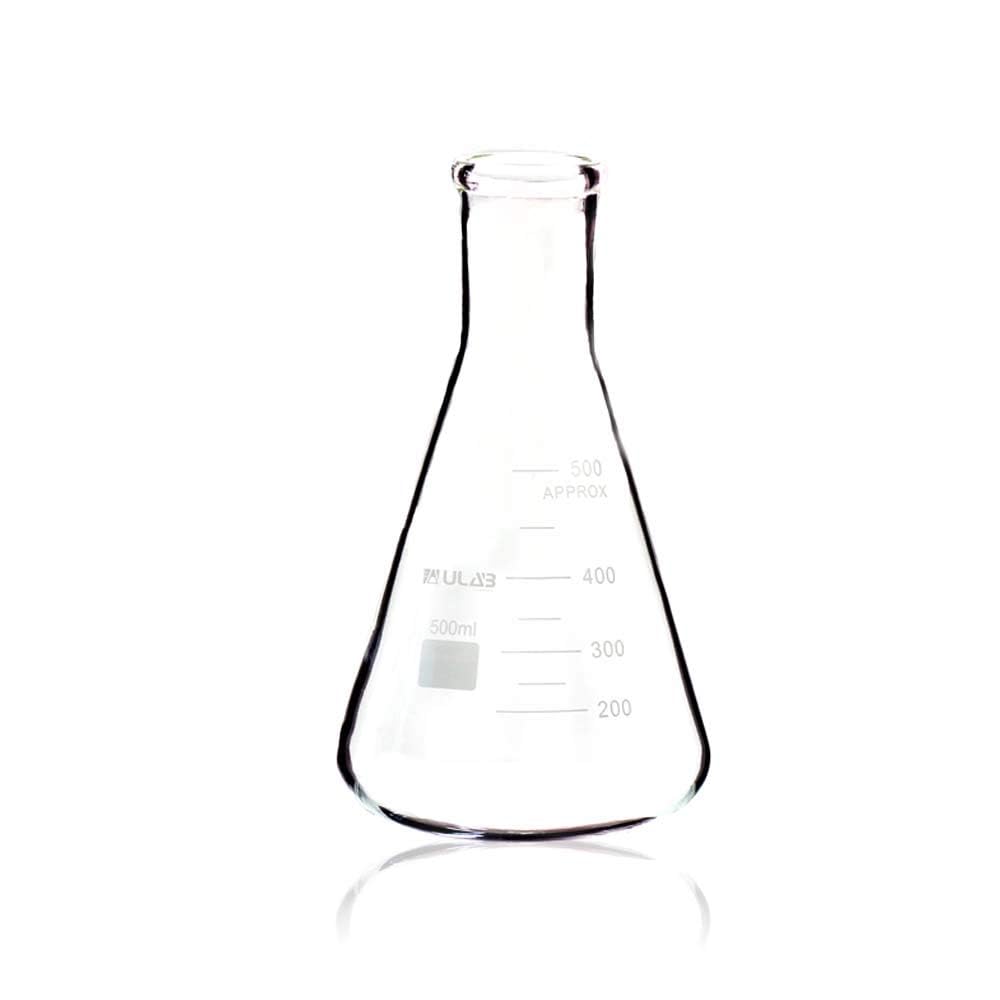 ULAB Scientific UEF1025 - Juego de frascos de vidrio de boca estrecha Erlenmeyer, 17 onzas, 500 ml, borosilicato 3.3 con graduación impresa, paquete de 2