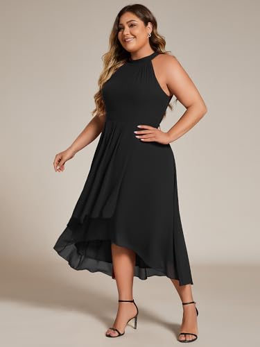 Ever-Pretty Plus Women's Sleeveless Halter A Line Pleated High Low Plus Size Wedding Guest Cocktail Dresses 31926-DA4