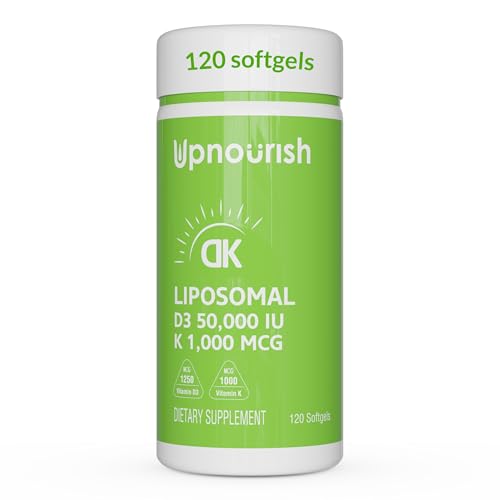 UpNourish Liposomal Vitamin D3 50000 IU (Vitamina D3 de 50000) with 1000 mcg Vitamin K High Dose Vitamin D3 K2 Vitamin D 50000 IU with K1 K2 MK-4 and MK-7 120 Mini Softgels