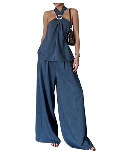 SweatyRocks Women's 2 Piece Outfits Halter Tank Top Blouse and