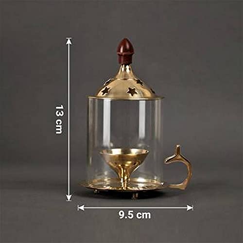 Image of eCraftIndia Golden Brass Akhand Diya with Glass Cover and Holder- Diwali Decoration Items for Home Decor- Gift for Diwali Housewarming