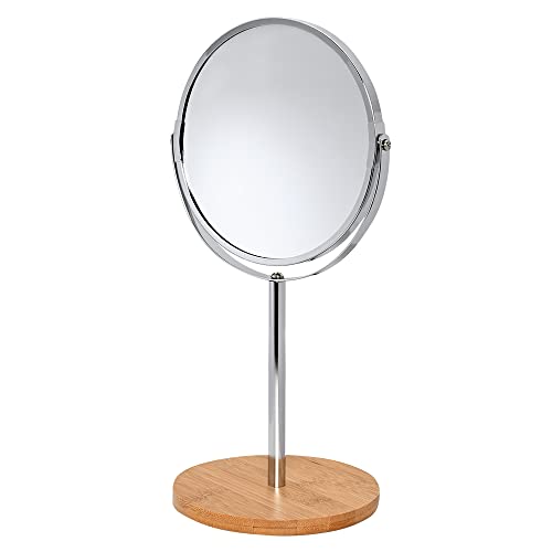 Mimo Style Espelho de Aumento Inox com Base Em Bambu Ecológico, Dupla Face 360º Rotativo, Lado Norma