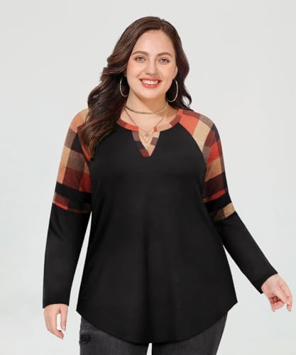Image of CARCOS Plus Size Tops for Women Long Sleeve Fall Tunic Color Block Camo /Plaid /Leopard /Fall Blouse Crewneck Tshirt XL-5XL