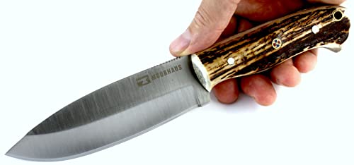 Moorhaus Handmade D2 Tool Steel Bushcraft, Hunting, Every Day Carry Knife Includes Leather Sheath (Stag)