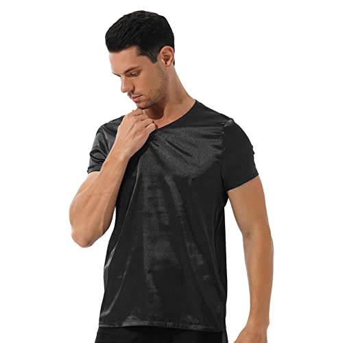Mens Satin Sleep Shirt Pajamas Short Sleeve Silk V-Neck Casual T-Shirt Tee Blouse Nightwear4