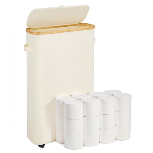 Vicyak Cesta de almacenamiento de papel higiénico XL de 52 l, organizador de baño de bambú para 24 rollos normales o 18 mega rollos, papelera con tapa y asa, contenedor de papel higiénico con polea