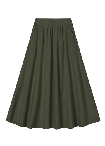 SANGTREE Women's Cotton Linen Midi Skirt with Pockets Casual Flowy