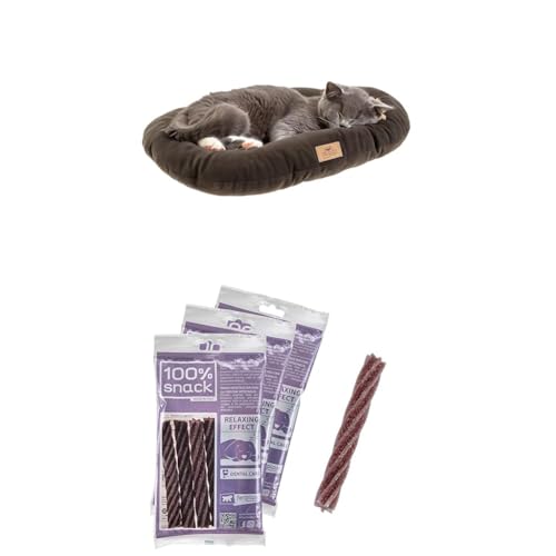 Ferplast Coussin Chiens XXS en Micropolaire Lavable avec Rembourrage Doux, 43 x 30 cm. Gris + Snack Chien Naturel Hygiène Buccale Effet Relaxant Melissa Kit de 3...