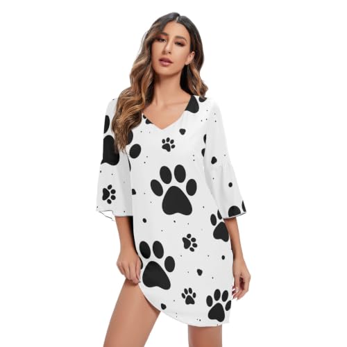 Robe d'ete blanche en mousseline de soie imprimee motif pattes de chien noir tendance