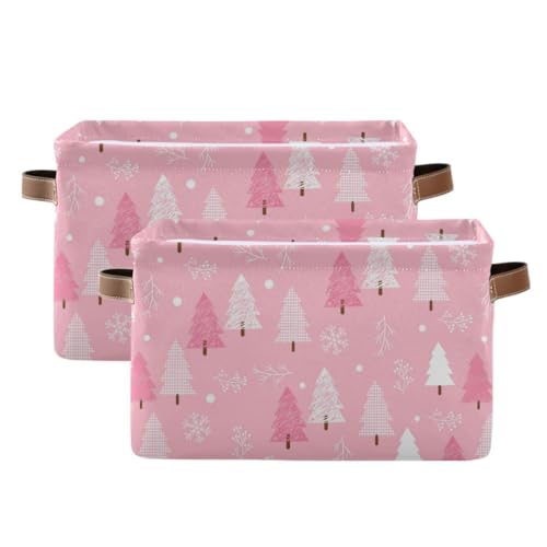 Image of Christmas Tree Pink Storage Basket Fabric Kitchen Baskets Winter Snowflake Xmas Decorations Open Home Storage Bins Boxes Foldable Organizer Bag for Toy Book Shelf Closet Baskets 16x12x8 Inches 2 Pack