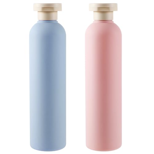Molain Paquete de 2 botellas exprimibles, recipientes de viaje de plástico recargables de 260 ml con tapa abatible, a prueba de fugas para champú, cremas, loción, acondicionador, Azul+Rosa