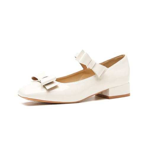Women's Bow Patent Leather Mary Janes Low Heel Pumps Fashion Bow Strap Comfortable Square Toe Chunky Heels Uniform Dress Shoes for Party Prom Date Wedding
