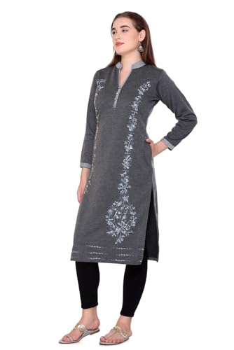 Image of Rosary Women's Winter Woolen Kurti Embroidered Straight Fit Ethnic Wear with 2 Side Pockets
