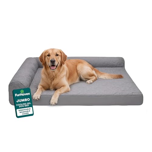 Image of Furhaven Cooling Gel Dog Bed for Large Dogs w / Removable Bolsters & Washable Cover, For Dogs Up to 95 lbs - Pinsonic Quilted Paw L Shaped Chaise - Titanium, Jumbo /XL