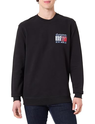 Tommy Jeans Uomo Felpa Flag Crew con Scollo Rotondo, Nero (Black), XS
