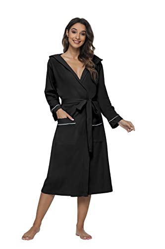 Heartnice Womens Hooded Robe, Soft Kimono Spa Knit Bathrobe Lightweight Long Blended Cotton Loungewear(Black Hooded, M) #TOP4