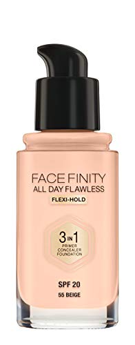 Max Factor Facefinity All Day Flawless 3 in 1 Foundation in Beige 55 – Primer, Concealer & Foundation in einem – Für ein perfekt mattiertes Finish – 1 x 30 ml