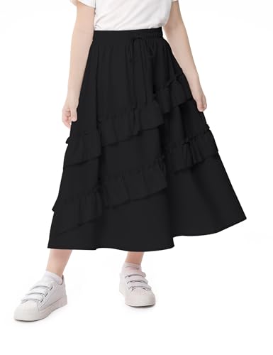 Image of Girls High Waisted Ruffle Maxi Skirt Soft Cotton Long Skirts with Elastic Waistband for Kid Girl 3-12 Years