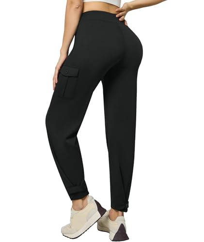 Casei Pantalones de vestir de trabajo de pierna ancha para mujer con bolsillos tipo cargo, cintura alta, UPF50+, pantalones casuales de viaje, Negro -, Large