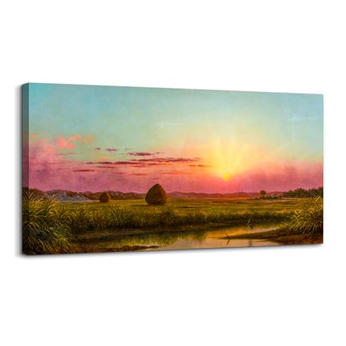 crmotu Sunset Wall Art, Landscape Wall Art, Large Wall Decor, Country Marsh Nature Art, Dusk Aesthetic Canvas Prints, Vintage Wall Pictures for Living Room Bedroom Farmhouse Kitchen Decor 20"X40"